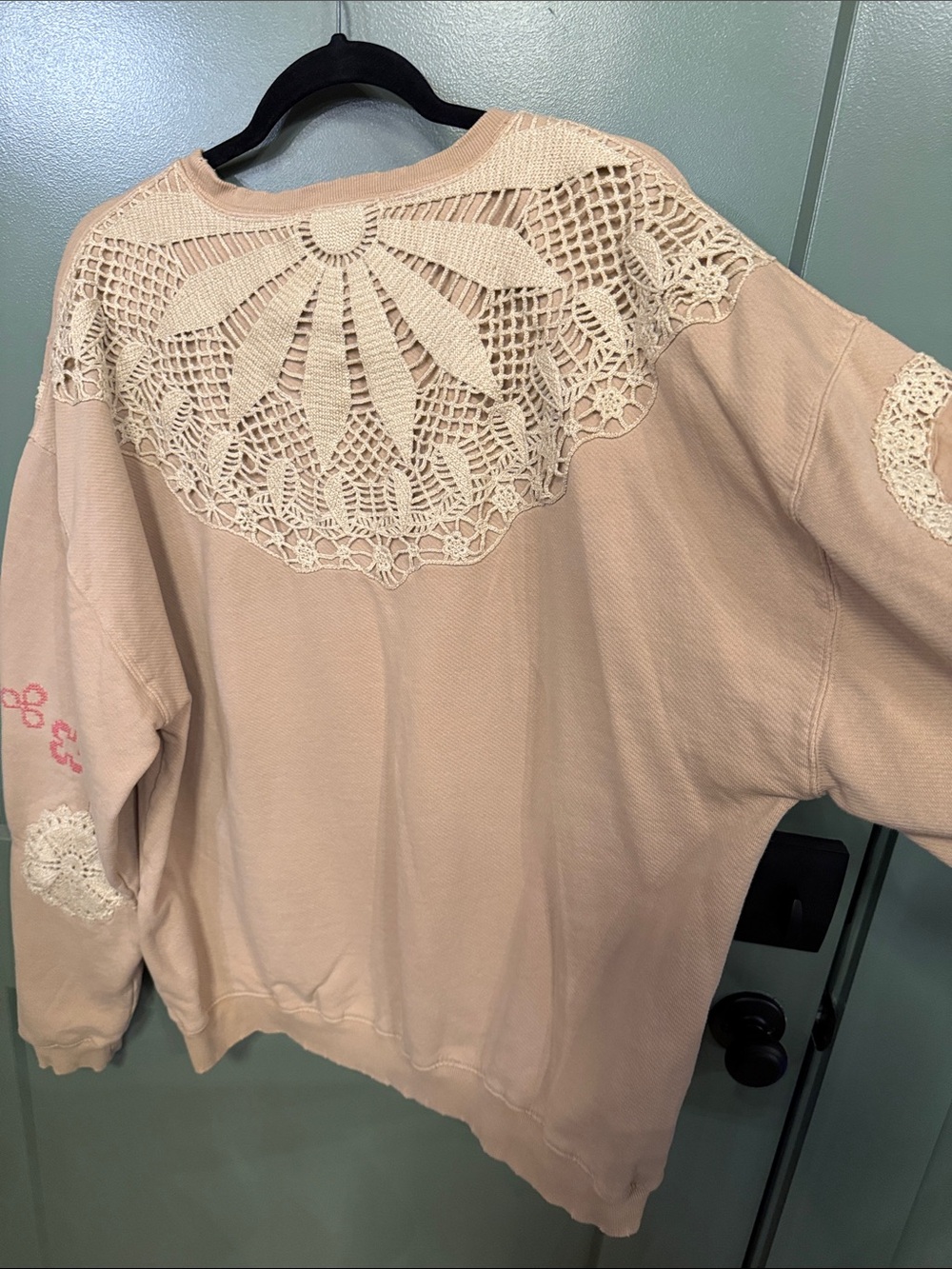 NWOT Free People Beige Embroidered Crochet Pocket Sweatshirt - Picture 11 of 11